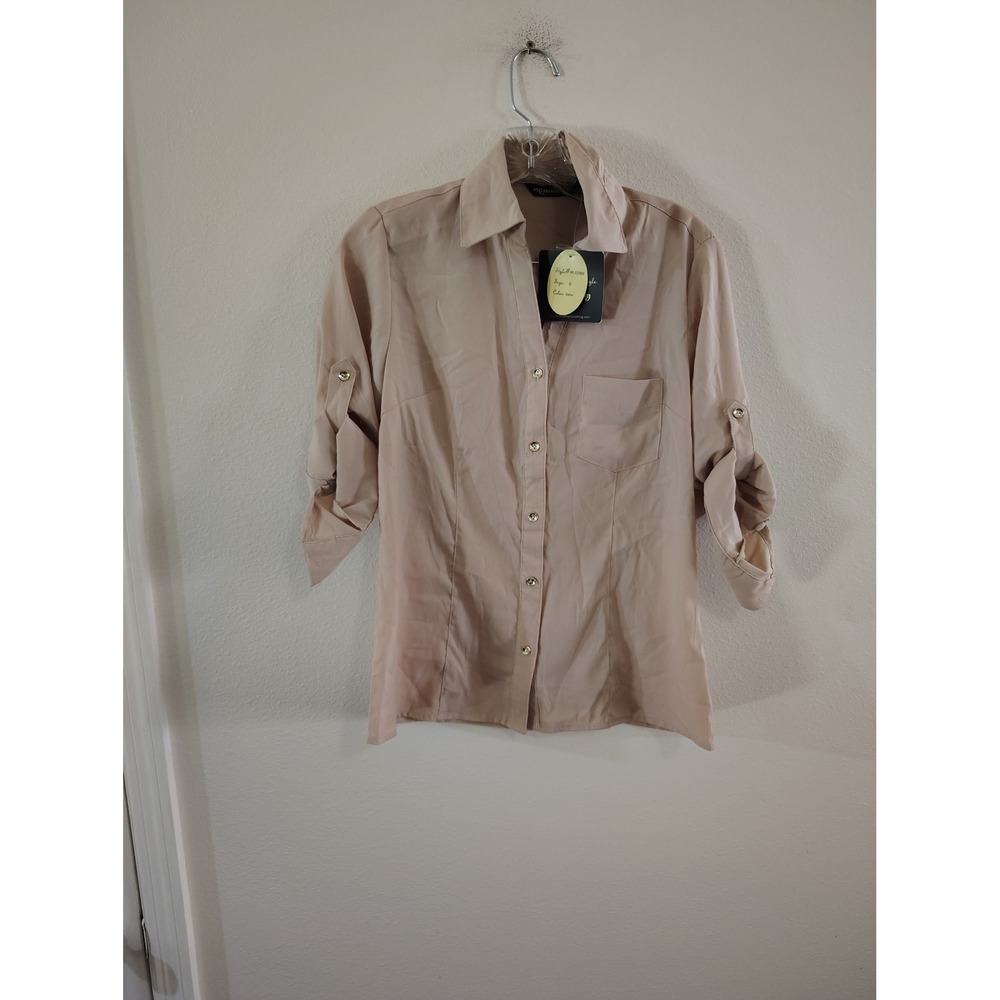 Millenium Tan Button Down Roll Tab Sleeve Blouse Shirt Small NWT